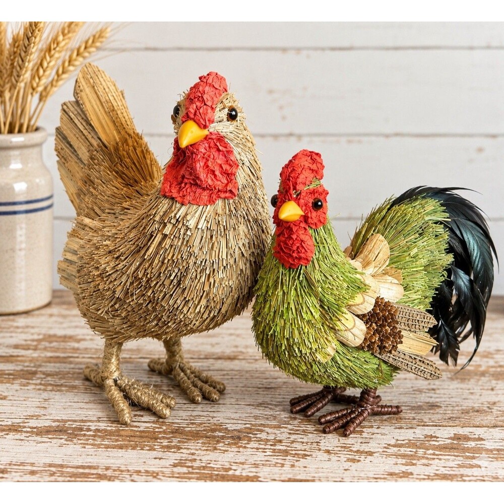 Vintage Straw Chicken Rooster Figurines Pair Rustic Farmhouse Country Decor Set